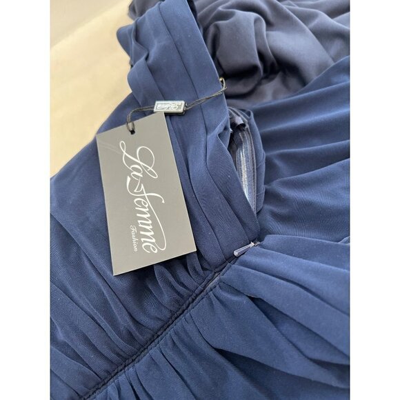 New La Femme Size 10 Off the Shoulder Ruched Floor Length Gown Navy - Picture 11 of 13